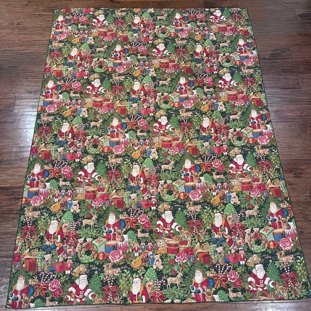 Vtg Christmas Santa Nutcracker Reindeer Green Tablecloth 60x80 Rectangle Holiday
